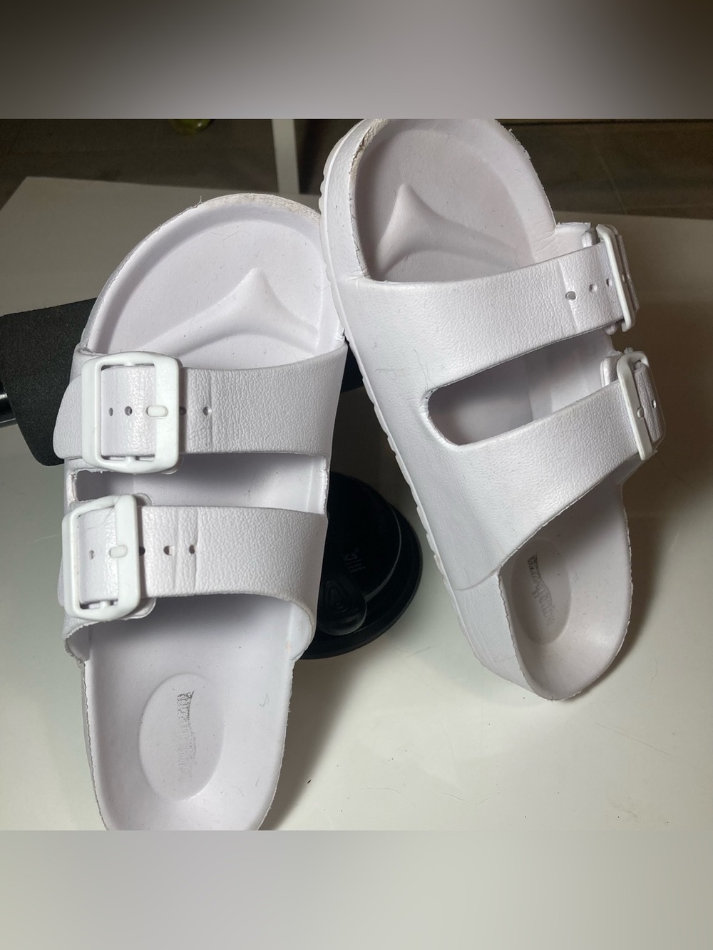 White Double-Buckle Women's Slide Sandals